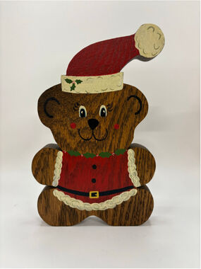Holiday Decor Wooden Bear Figurine Brown Red